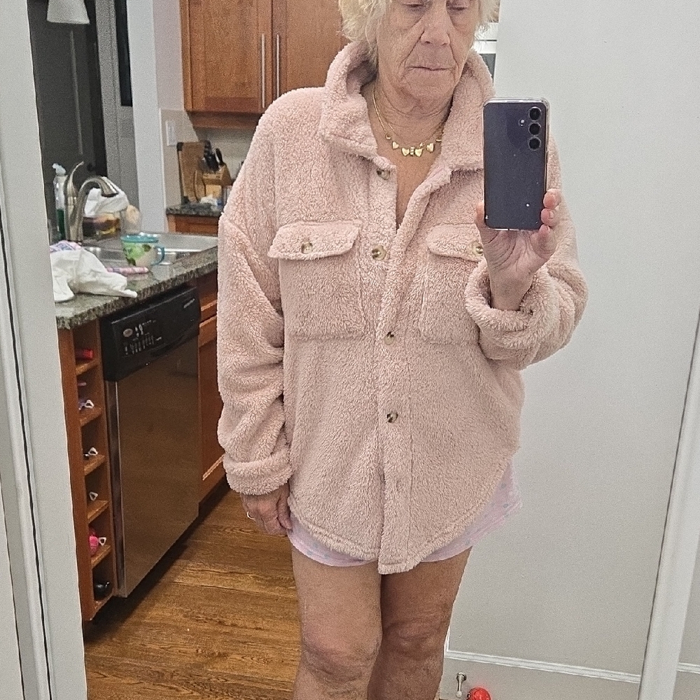 Women's Pink Sherpa Jacket With Pockets Front And Side